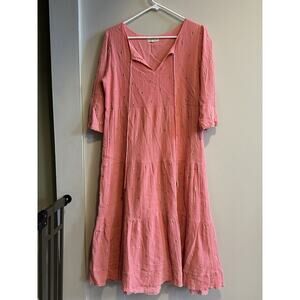 Aspiga Midi Dress Embroidered Hearts Size Medium Pink Boho Cottage Core Raw Hem